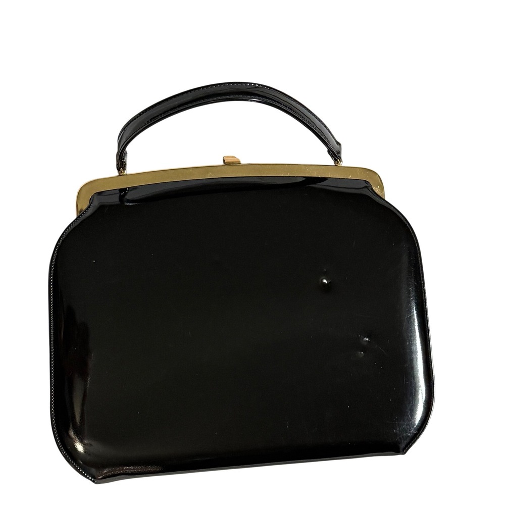 Theodor California Vintage Black Patent Leather Handbag Gold Frame Top Handle